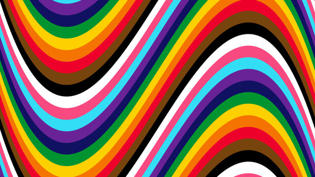 Modern LGBT Rainbow Background. Pride Flag Colours stripes. Abstract Progress Pride Flag Background with Wavy Colorful Lines. Groovy Retro Wavy Pattern in Inclusive LGBTQIA Rainbow Colors.
