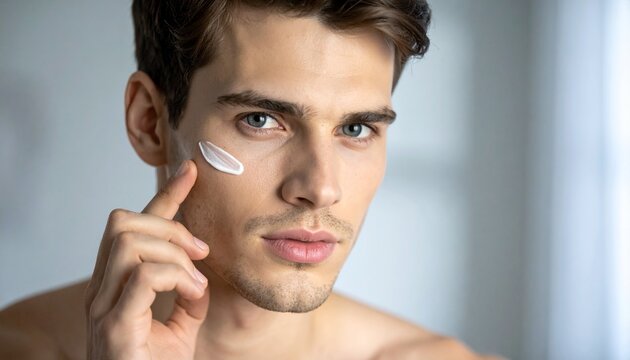 Retrato en primer plano de un hombre joven modelo con una piel facial suave y saludable d&aacute;ndose crema rejuvenecedora sobre la piel. Concepto de cuidado masculino