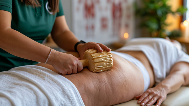 Cellulite reduction specialist demonstrates wood therapy technique rolling carved wooden tool along back of thigh on client, natural body treatment modality, holistic wellness clinic with anatomical
