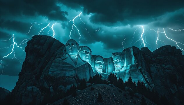 Lightning Storm Mount Rushmore Night Dark Teal July USA Patriotic Travel
