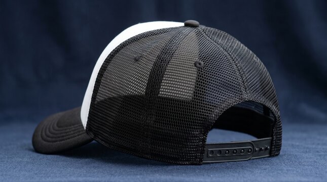 A slightly tilted perspective shows a black baseball cap with white stripe on a blue surface
