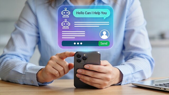 Woman using chatbot on smartphone, artificial intelligence assistant, customer support service, automated messaging, virtual helper, mobile app interface, tech communication