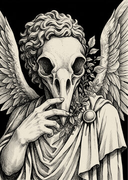 Dark Angel with Bird Skull Mask and Wings Macabre Dark Fantasy Art