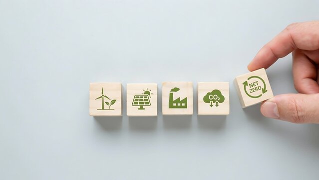 Hand placing a wooden block with a net zero icon next to renewable energy and sustainable industry symbols for environmental strategy