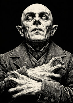 Classic Nosferatu Vampire Portrait in Vintage Monochrome Engraving Style