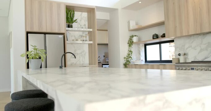 Camera is pulling back and tilting up, revealing marble island with faucet, plants, fridge, range
