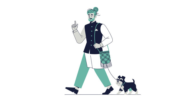 Man walking small dog on leash illustration.