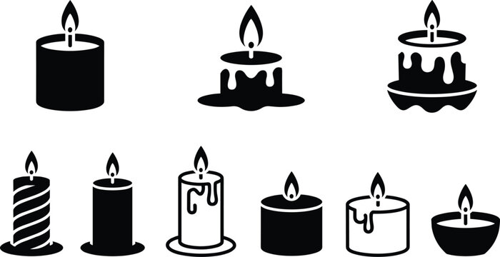 Candle Silhouette Collection with Burning Wax Candles Flame Icons and Decorative Lighting Elements