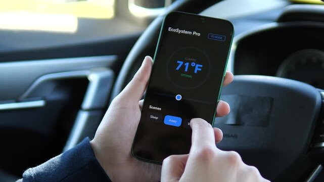 User switching between pre-set smart home scenes on a black-themed app. Selecting Vacation and Away modes for climate control. Ideal for energy efficiency, lifestyle automation, and smart living stock