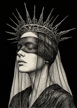 Blindfolded Woman Wearing Spiked Crown Gothic Dark Art