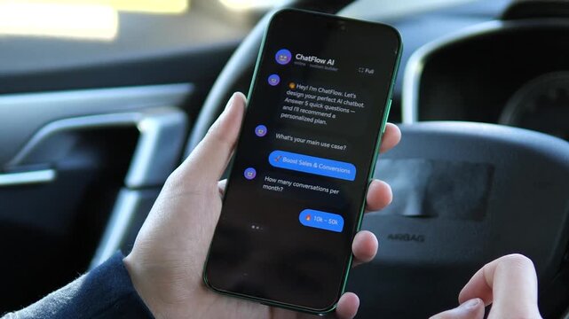 User configuring an AI chatbot on a mobile app inside a car. Selecting sales, leads, and team automation use cases. Ideal for SaaS tools, business tech, and AI customization stock footage.