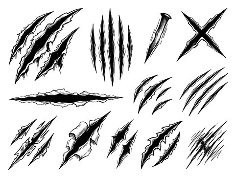Black ink sketch of monster claw slash and rip paper cut, isolate on white background for halloween