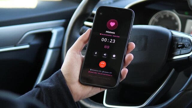 Active call with Mistress on a smartphone. The screen displays a pink heart icon, timer, and Secret Connection status. Perfect for romance, private relationships, and dramatic communication visuals.