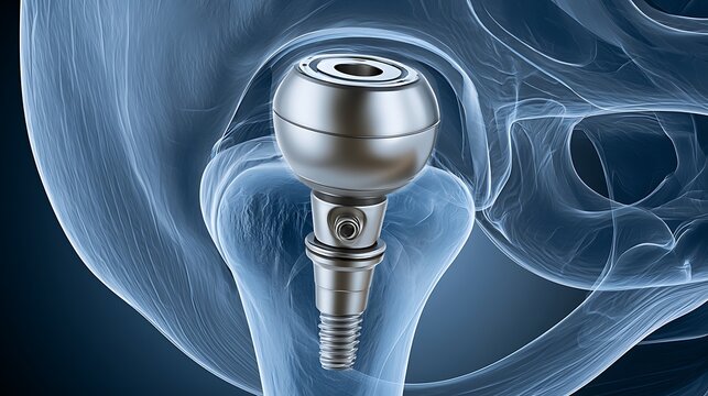 Medical illustration of a hip joint prosthesis implant