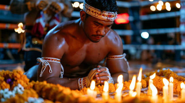 Muay Thai fighter kneeling in pre-bout wai khru ram muay ceremony, mongkol headband worn during prayer ritual, trainer behind holding armbands, candlelit corner shrine with garland offerings glowing