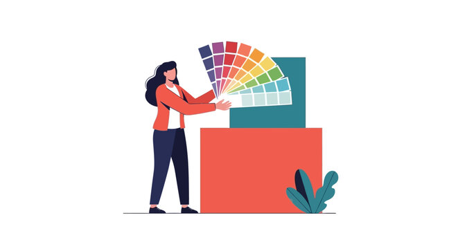Graphic designer selecting vibrant colors from large swatch palette.