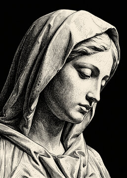 Sorrowful Veiled Woman Portrait Monochromatic Engraving Style