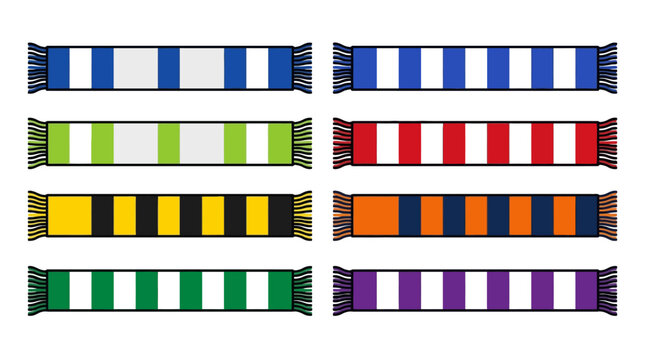 Set of colorful striped football fan scarves with fringes 1. EPS Editable