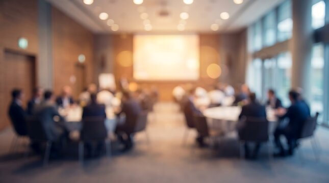 Blurred professional business conference attendees sitting at round tables in large event hall with illuminated presentation screen in background for corporate meeting atmosphere
