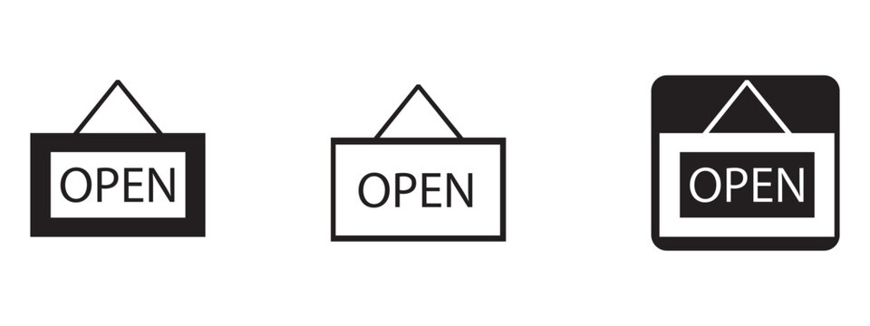 Set of open sign icons for business storefronts and doors with business