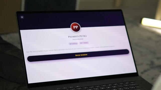 Browsing a directory of spiritual guides on a laptop. The screen displays Tarot readers, astrologers, and palm readers with ratings and prices. Perfect for wellness apps, alternative services, and
