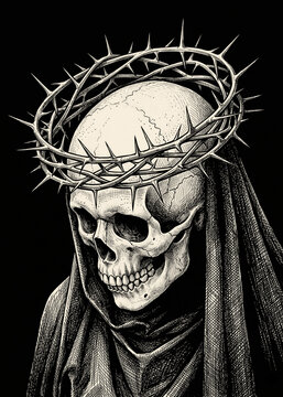 Dark Concept Skull Wearing a Crown of Thorns and Veil