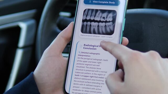 User opening a complete dental study via a patient portal. Digital periapical radiograph and patient ID visible. Ideal for telemedicine, health tech, and digital imaging stock footage.