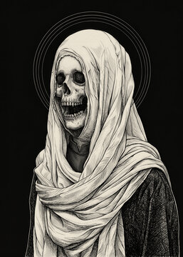 Grim Reaper Skeleton Wearing a Shroud Hood Black and White Art