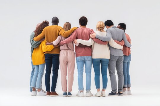 Photograph of a diverse group standing in an embrace with their backs to the camera, symbolizing unity and support.