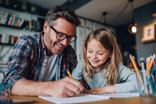 Handsome dad helping his little daughter with homework at home, smiling father wearing glasses doing school project or writing in a notebook.