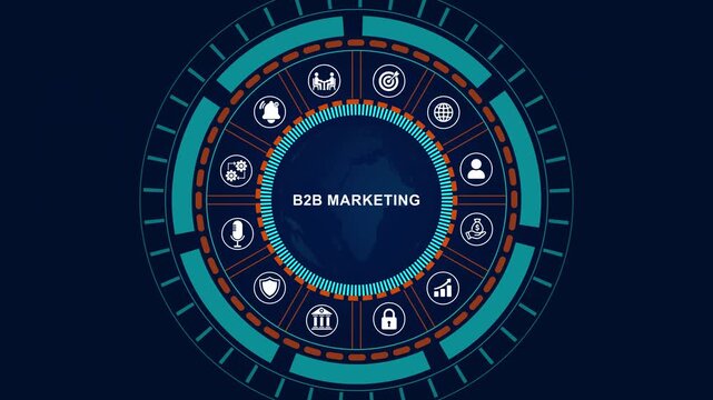 B2B MARKETING Business Strategy Concept with Global Network and Icons, business Concept Network Diagram with Icons on World Map Background,Business, Technology 4k quality animation video