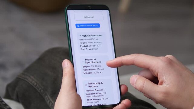 Viewing an official vehicle report on a smartphone. The screen displays VIN, region, production year, and body type. Perfect for automotive apps, car buying, and vehicle history visuals.