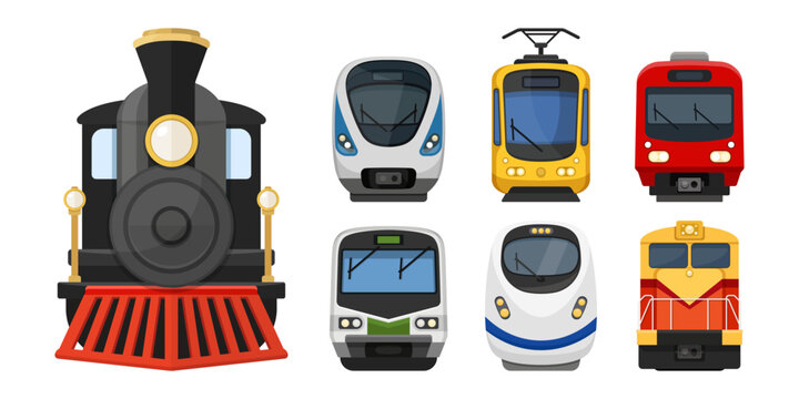 Modern speed train icon set collection in flat colorful style. Railroad transport vector illustration on isolated background. Locomotive sign business concept.