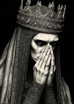 Dark Gothic Portrait of a Sorrowful Crowned Figure in Monochrome