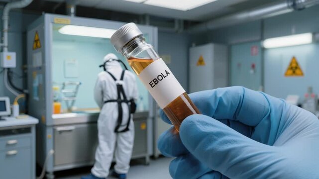 Close-up gloved hand holding Ebola vial in modern medical laboratory. Scientist in hazmat suit working in background with biohazard signs. Biotechnology, medical research and vaccine concept.