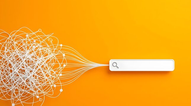 Tangled white lines converging into straight path entering search bar Concept of complex data simplification and digital information filtering