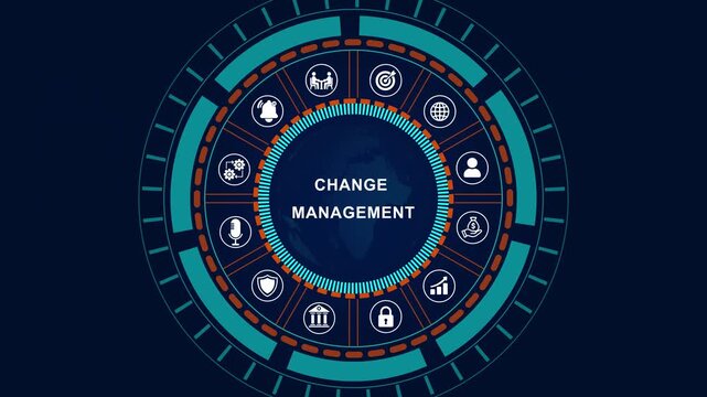 Change management in organization and business concept with consultant presenting icons of strategy, plan, implementation, communication, team, success. 4k quality motion video