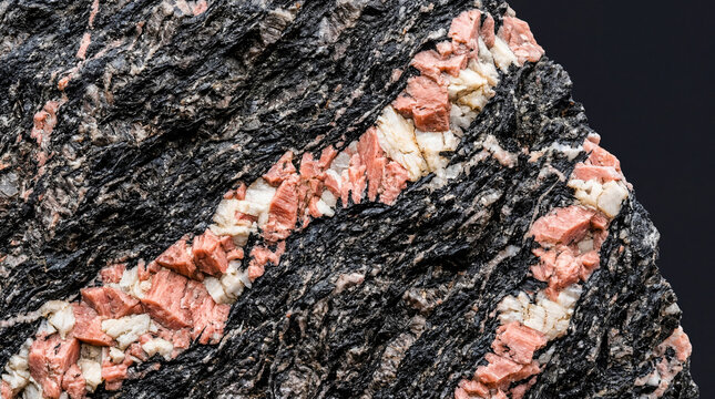 Pegmatite dikes slicing through dark gneiss extreme macro on charcoal