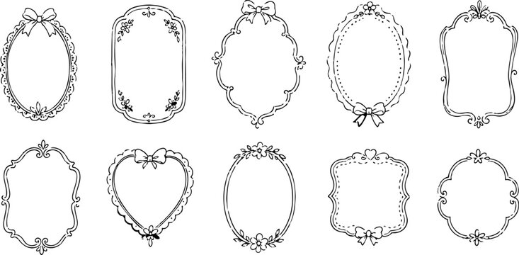 Set of black hand drawn vintage label frames with bows, flowers and ornamental outlines on white background, ideal for invitations and stationery design