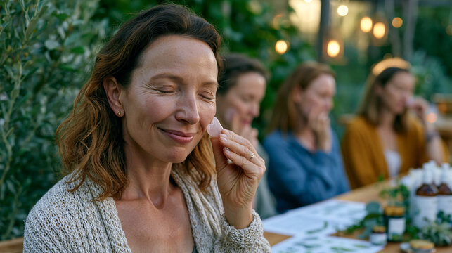 Woman demonstrates gua sha technique to small group workshop audience, each participant practicing upward cheekbone stroke with traditional rose quartz tool, natural beauty class setting with printe