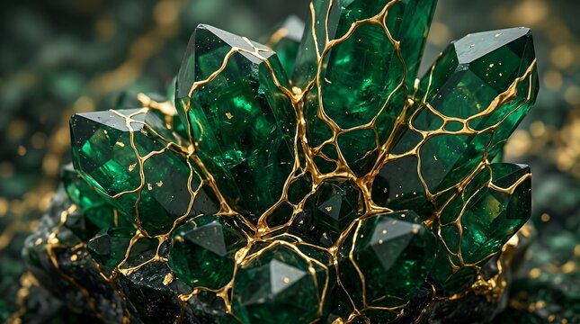 Macro emerald green crystal cluster with gold veins texture