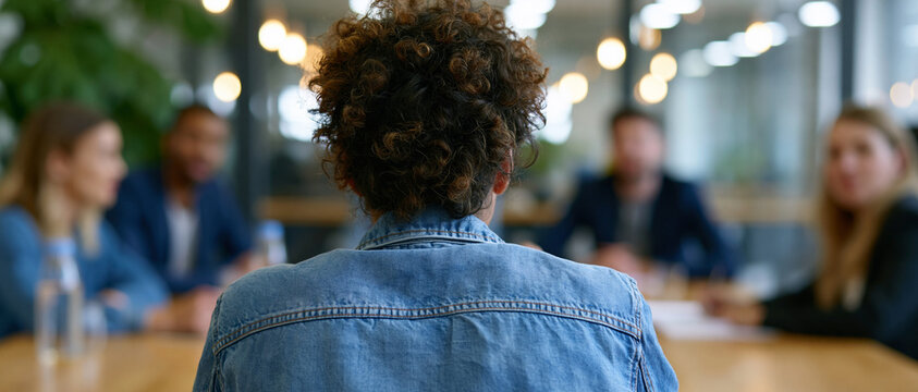 Employee viewed from behind sitting at a conference table while being completely ignored by colleagues during a meeting. Concept of workplace exclusion, isolation, and discrimination in a modern corpo