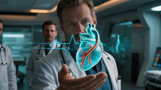 Close-up hand holding glowing holographic heart with highlighted points in modern medical laboratory. Doctor in background. Futuristic cardiology, medical technology and healthcare concept.