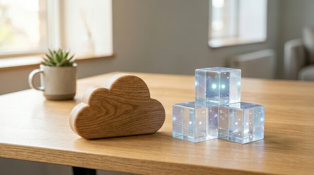 Wooden cloud icon and glowing glass cubes on a wooden table