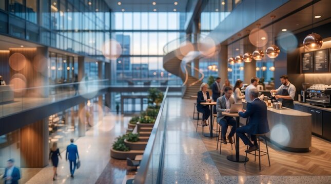 Modern corporate office atrium lobby with business cafe and people