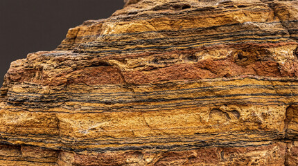 Fototapeta premium Layered sedimentary rock strata with amber bands extreme macro on warm charcoal