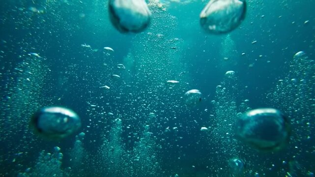 Air bubbles rise through deep blue water in the ocean