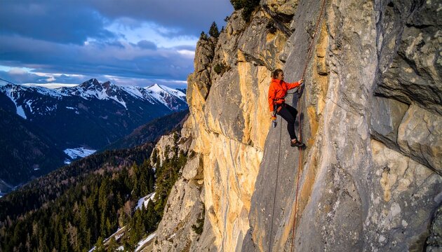 Dramatic aerial view of a rocky mountain peak with red flag.