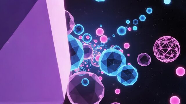 Abstract 3d background with glowing pink and blue geometric spheres and wireframe shapes in space