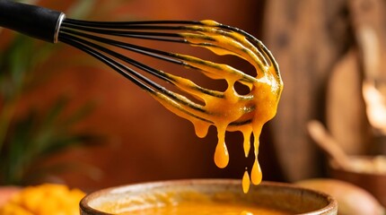 Fototapeta premium Whisk dripping with melted cheese or sauce over bowl